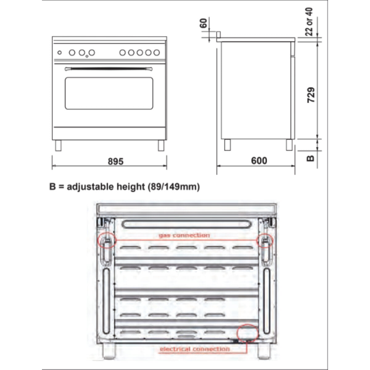 Euro 90cm Freestanding Dual Fuel Stainless Steel Oven EV900DPSX