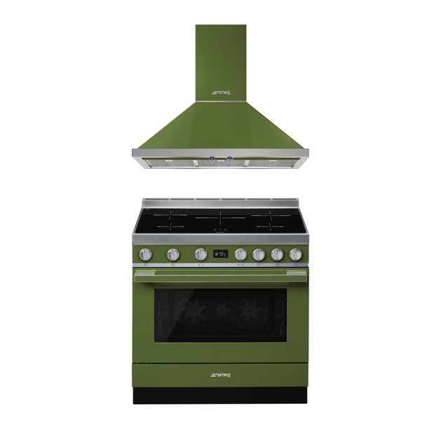 Smeg 90cm Olive Green Freestanding Portofino Oven and Rangehood CPF9IPOG KPFA90G Factory Seconds Discount