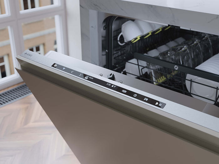 Asko built-under dishwasher with door open showing stainless steel interior — The Appliance Group Adelaide