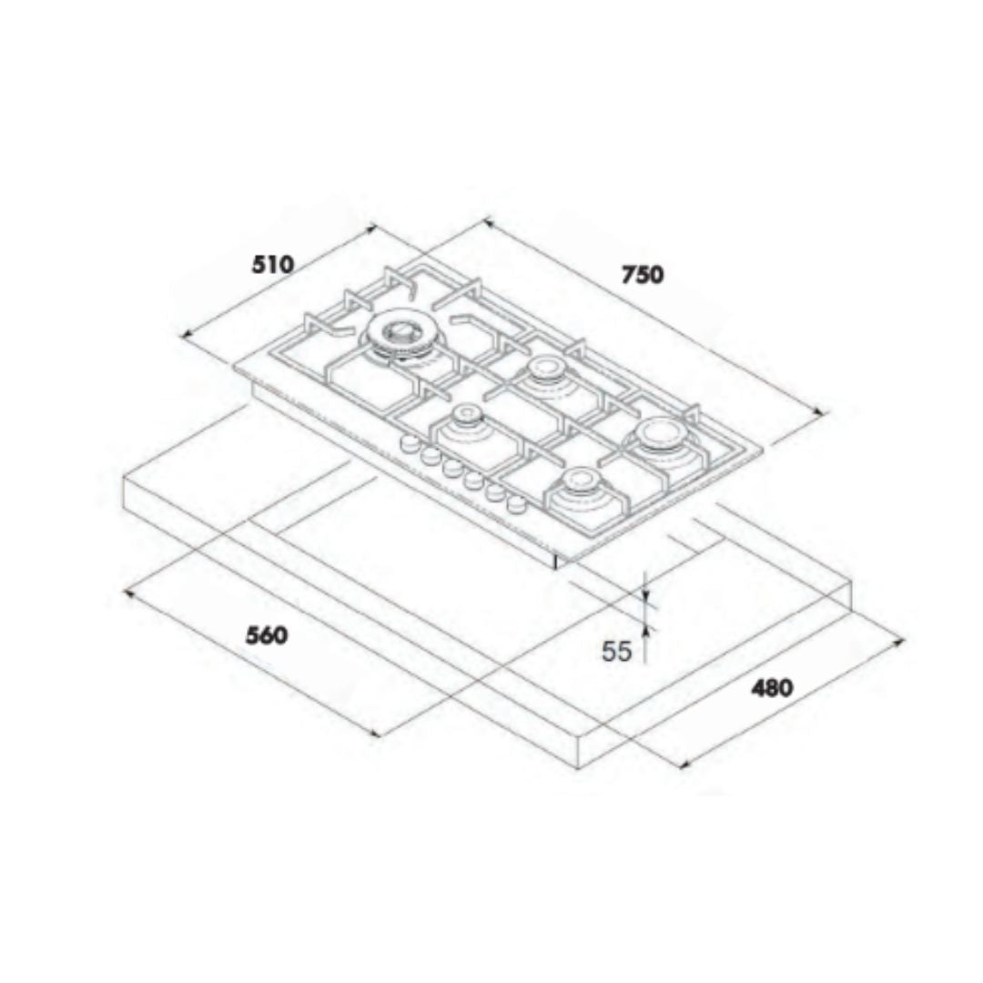 Euro 70cm Gas on Glass Cooktop ECT750GBK2