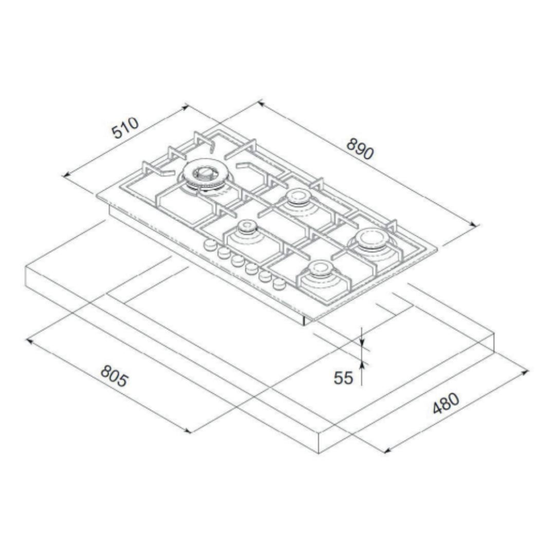 Euro 90cm Stainless Gas Slim Line Cooktop E90CTWX