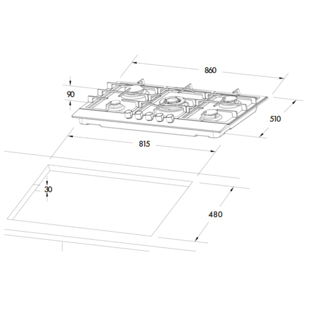 Euro 90cm Stainless Gas Cooktop ECT90G5X