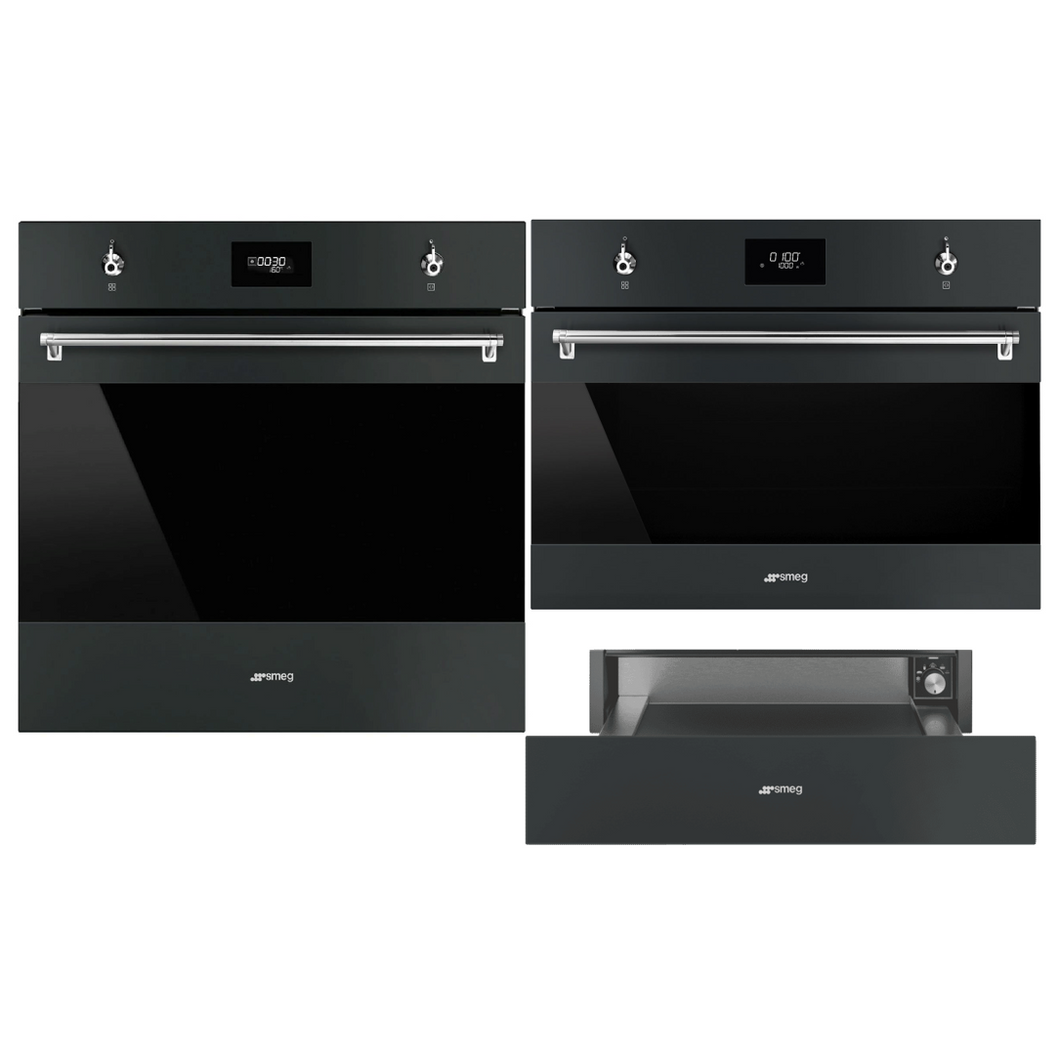 Smeg Matte Black 60cm Oven, Microwave Combi Oven and Warming Drawer Bu