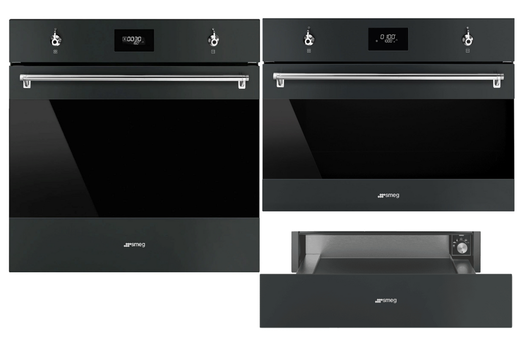 Smeg Matte Black 60cm Oven, Microwave Combi Oven and Warming Drawer Bundle - Factory Seconds Discount