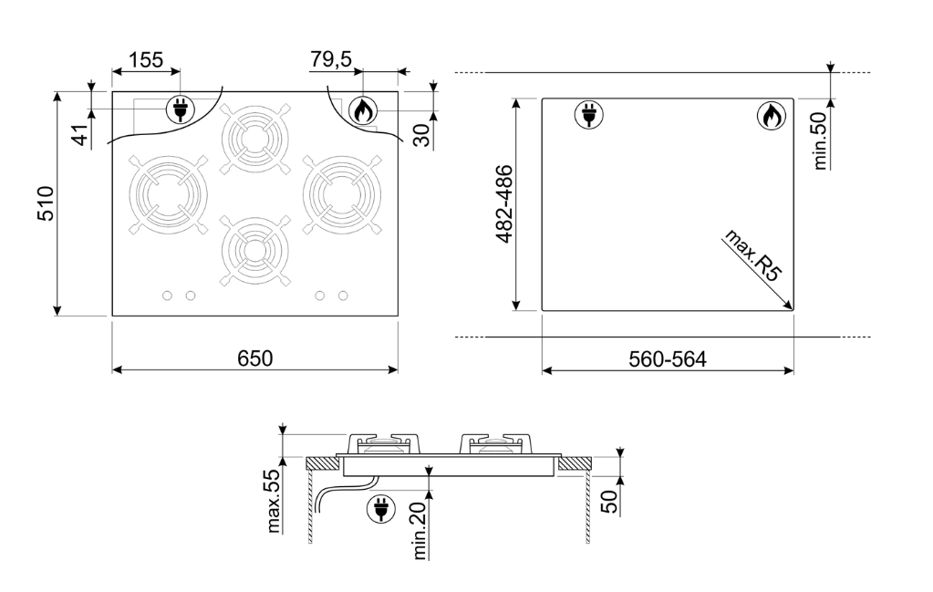 Smeg 65cm Dolce Stil Novo Black Glass Gas Cooktop PV664LCNXAU - Factory Seconds