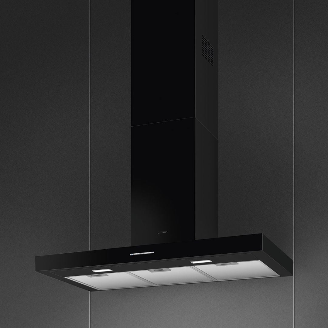 Smeg 90cm Wall Mount Gloss Black Canopy Rangehood KBTAU900NE - Clearance