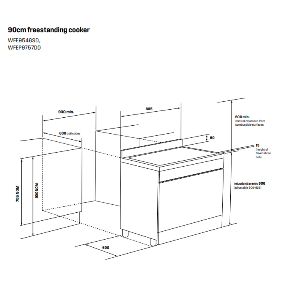 Westinghouse 90cm Freestanding Electric Pyrolytic Oven with Induction Hob WFEP9757DD - Factory Seconds