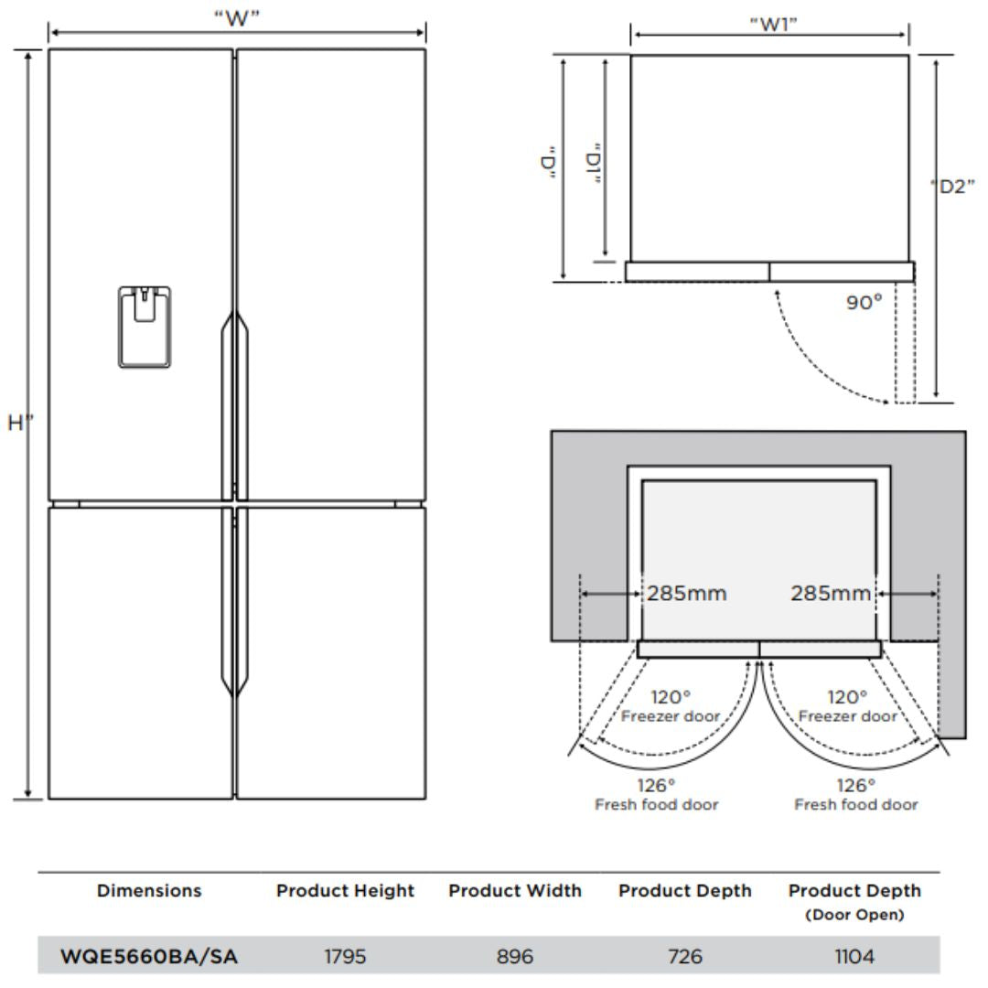 Westinghouse 564L Silver Quad Door Fridge WQE5660SA - Factory Seconds
