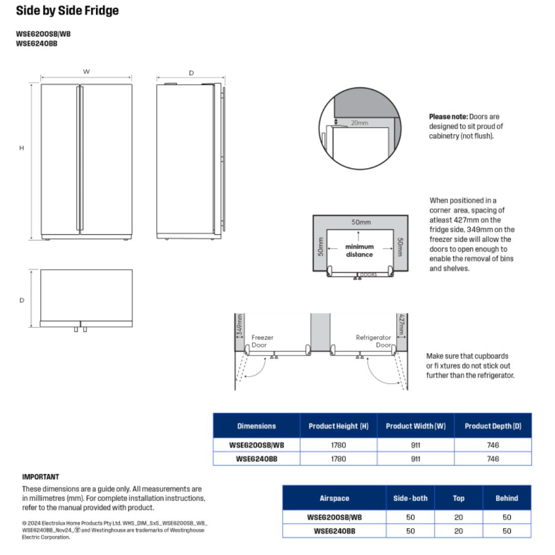 Westinghouse 624L Side by Side Stainless Steel Refrigerator WSE6200SB -  Factory Seconds