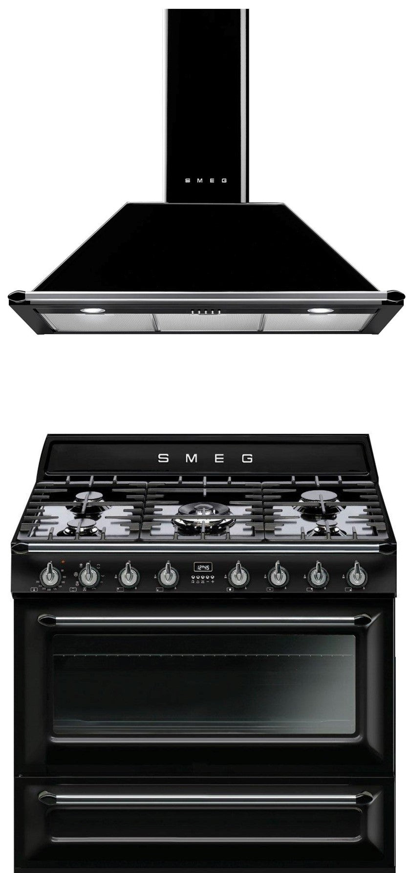 Smeg Black Victoria 90cm Freestanding Oven and Rangehood Bundle - Factory Seconds Discount