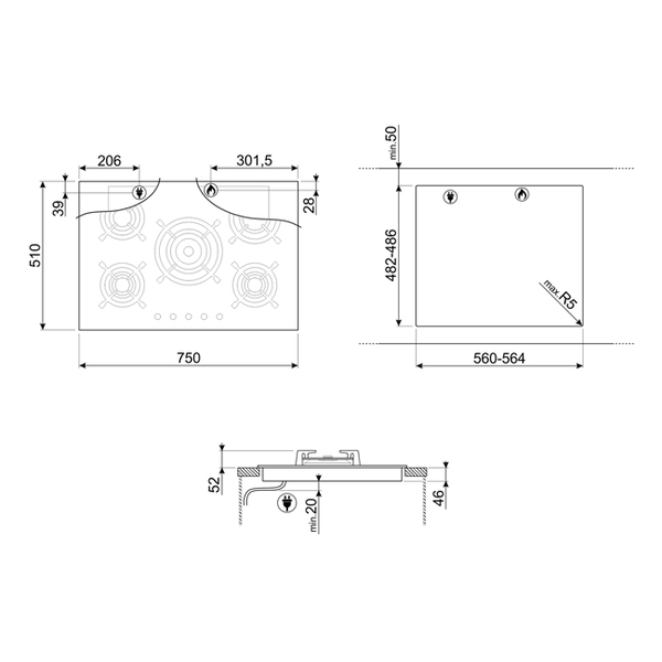 Smeg 75cm Dolce Stil Novo Black Gas Cooktop PV675CNXAU Factory Secon